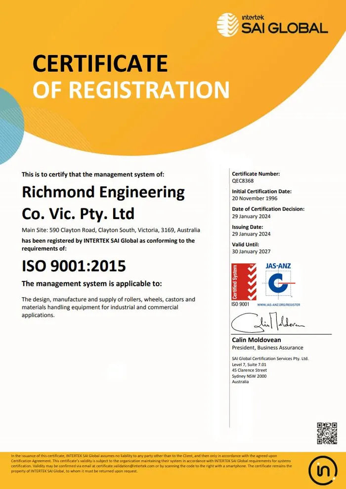 Giấy chứng nhận đăng ký SAI Global: Richmond Engineering Co. Vic. Pty Ltd, ISO 9001:2015