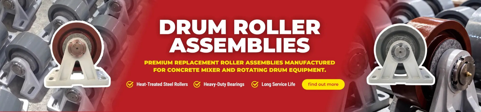Drum roller assemblies — premium replacement roller assemblies manufactured for concrete mixer and rotating drum equipment