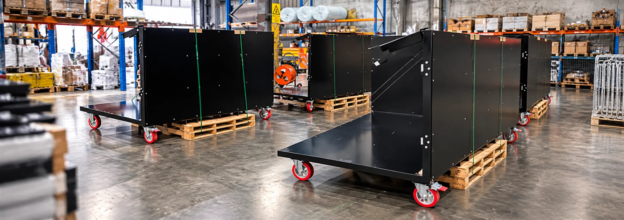 Custom black steel trolleys on red castors, strapped to pallets in the Richmond warehouse