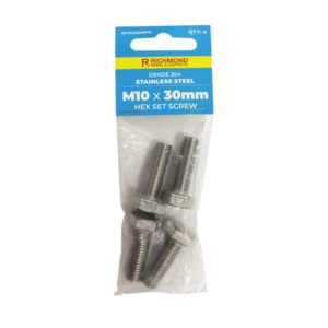 M10 x 30mm Stainless Steel Hex Set Screw - 4 Pack (SETM1030SPK4)